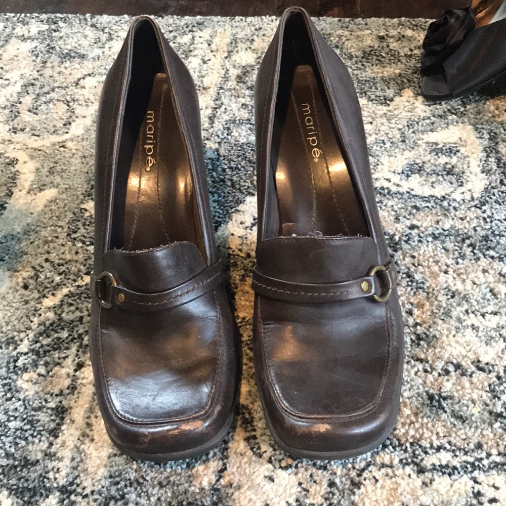 Brown penny loafer style heels